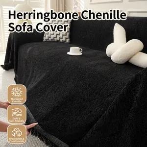Herringbone Chenille Sofa Cover Slipcover With Tassels Soft Thick Woven Throw Blanket For Couch Furniture Protection Decor