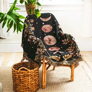 Bohemian Woven Cotton Throw Blanket Moon Phase Floral Pattern Tassels For Sofa Bed Camping Picnic Wall Hanging Vintage