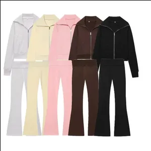 Survêtement Femme Haut Manches Longues Revers Zippé Et Pantalon Évasé Taille Haute Tenue Polaire Unie