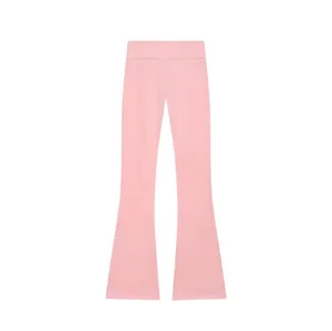 Vue détaillée du pantalon évasé rose bébé à taille haute pour femmes stylées