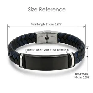 Detalles de tamaño para la pulsera de cuero trenzado para hombre con placa de acero negra