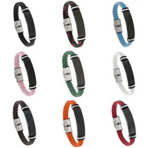 Pulsera Trenzada de Cuero PU y Acero Inoxidable Minimalista para Hombre Mujer Placa de ID de Metal Pulido Joyería de Muñeca