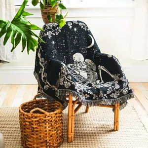 Cotton Skeleton Lovers Gothic Tarot Woven Throw Blanket With Tassels Rose Moon Star Pattern Multi-functional Home Decor