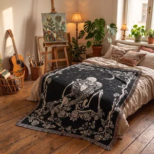 Vintage bohemian woven throw blanket with skeleton embrace and floral rose patterns