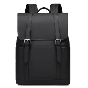 Minimalist black leather travel laptop backpack for men with decorative buckle straps