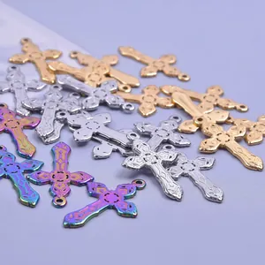 Vintage Stainless Steel Hollow Cross Pendant Necklace For Men Women Gold Silver Rainbow Religious Jewelry DIY Accessories