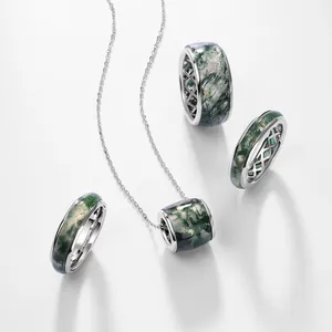 Bague Minimaliste en Argent Sterling 925 Agate Mousse Verte Naturelle pour Femme Bague Géométrique Vintage en Pierre Précieuse