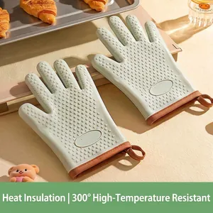 Heat resistant silicone oven mitts for baking with non-slip grip in mint green color