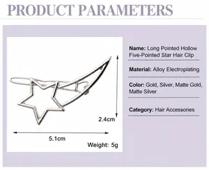 Vue détaillée de la pince à cheveux pentagramme creux en alliage d'argent avec dimensions