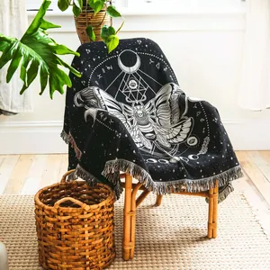 Woven Throw Blanket Cotton Jacquard Moth Moon Phase Geometric Tassels Mystical Bohemian Gothic Sofa Bed Picnic Camping