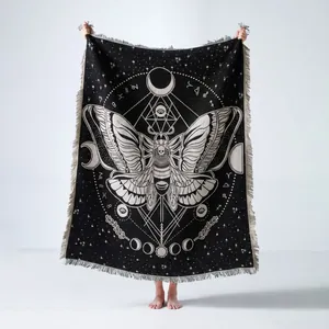 Bohemian woven moth throw blanket with mystical celestial moon phase and zodiac patterns