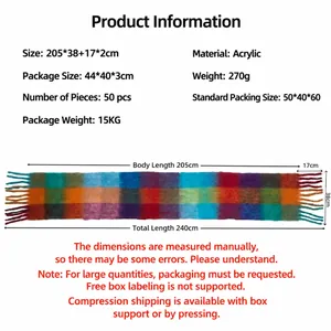 Detailed dimensions and polyester material specifications for the colorful checkered scarf
