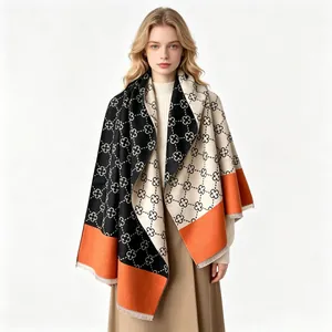 Women Thickened Cashmere-like Scarf Winter Color Block Four-leaf Clover Geometric Pattern Shawl Wrap With Tassels Warm Polyester Scarf