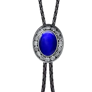 Western cowboy bolo tie with blue oval gemstone and braided black leather cord