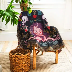 Bohemian Woven Throw Blanket Cotton Blend Jacquard Femme Illustration Artistic Tapestry With Colorful Fringes For Sofa Camping