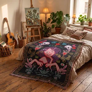 Detailed macro shot of bohemian woven blanket with artistic female illustration and fringes