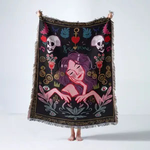 Artistic woven bohemian throw blanket featuring femme illustration and fringe edges