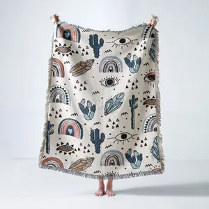 Bohemian woven throw blanket with cactus and eye patterns for outdoor camping or sofa decor