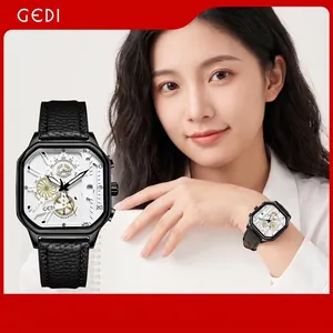 GEDI Montre à Quartz Carrée pour Homme Mode Étanche Lumineuse Business Avec Bracelet en Cuir Grain Litchi Affichage de la Date
