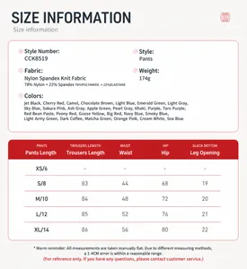 Professional size information chart for high-waist brushed yoga pants featuring measurements