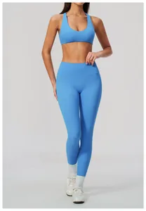 Front view of sky blue high-waisted yoga leggings and matching sports bra set