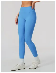 Full view of vibrant blue high-waist yoga leggings featuring a flattering butt-lift fit