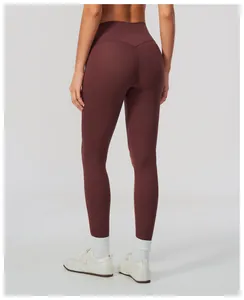 Detailed back view of high-waisted peach lifting brushed yoga leggings in maroon color