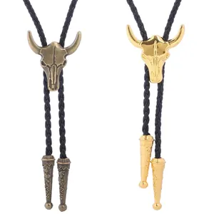 Western-Cowboy-Bolo-Tie-Set mit antiken Bullenkopf-Anhängern in Bronze und Gold für Hemden