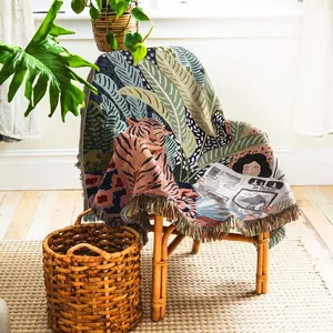 Bohemian Woven Throw Blanket Cotton Jacquard Tassel Fringe Ethnic Retro Art Illustration Sofa Cover Outdoor Picnic Camping