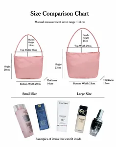 Größenvergleichstabelle für kleine und große rosa Nylon-Schultertaschen als Hochzeitsgeschenk