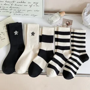 Women Cotton Striped Crew Socks Ins Style Star Letter Embroidery Mid-Tube Socks Black White Sport Casual 200N Cotton Socks