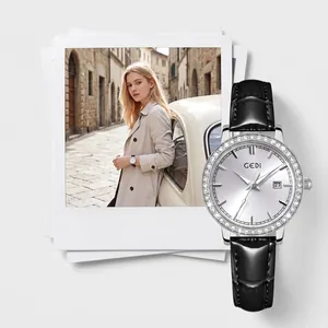 Women Quartz Watch With Rhinestone Bezel Leather Strap Calendar Date Waterproof Luminous Fashion Luxury Elegant