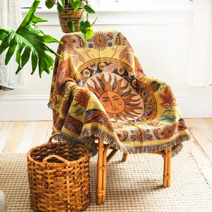 Coperta Tessuta Boema Cotone Motivo Sole Celeste Con Nappe Multiuso Per Divano Campeggio Picnic Viaggio Decorativa