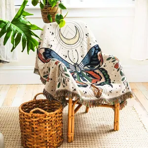 Bohemian Butterfly Moon Star Woven Cotton Throw Blanket Sofa Cover With Tassels Mystical Decorative Tapestry Camping