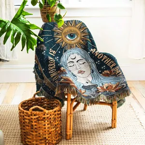 Couverture Tissée En Coton Bohème Avec Glands Mystique Soleil Lune Lotus Portrait Femme Pour Canapé Lit Camping Pique-Nique