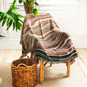 Bohemian Ethnic Woven Blanket Tassels Earth Tone Wave Pattern Sofa Throw Camping Outdoor Polyester Cotton Decor Blanket