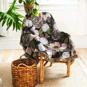 Coperta Intrecciata Cotone Frange Motivo Floreale Vintage Bohemien Copridivano Campeggio Picnic Arazzo Da Parete