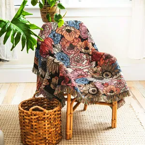 Boho Blumen Webdecke Polyester Baumwolle Vintage Jacquard Fransen Wandteppich Für Outdoor Camping Sofa Reise Kuscheldecke