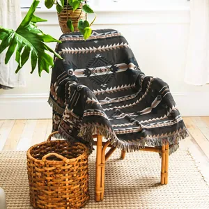 Bohemian Indian Geometric Woven Blanket With Tassels Polyester Cotton Blend Sofa Cover Outdoor Camping Picnic Mat Throw Blanket