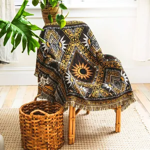 Bohemian Sun Moon Woven Blanket Polyester Cotton Ethnic Tribal Jacquard Throw With Tassels For Camping Picnic Home Decor