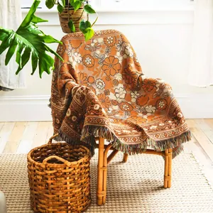 Bohemian Retro Floral Knitted Throw Blanket With Tassels Polyester Cotton Blend Outdoor Camping Picnic Sofa Bed Decor Blanket