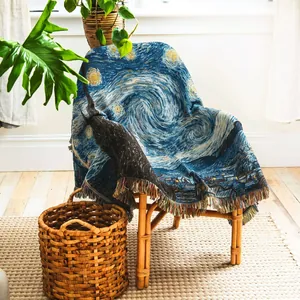 Nuit Étoilée Van Gogh Art Couverture Tissée Bohême Ethnique Jeté à Glands Pour Canapé Pique-nique Camping Tapisserie Murale