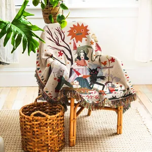 Bohemian Woven Throw Blanket Cotton Fringed Artistic Illustration For Sofa Camping Picnic Nap Soft Decorative