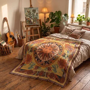 Coperta tessuta bohémien con motivo mandala solare drappeggiata su un letto accogliente.
