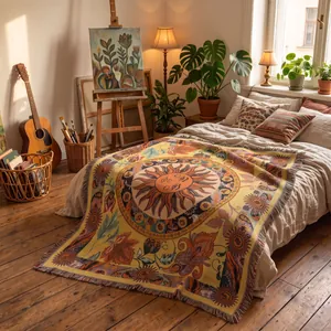 Coperta tessuta bohémien con motivo mandala sole e fiori per divano o letto matrimoniale