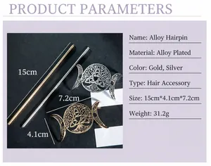Detailed dimensions of hollow alloy crescent moon hairpin in gold and silver finish