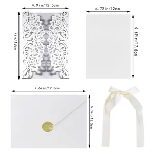 Dimensions détaillées du kit d'invitation de mariage blanc découpé au laser avec enveloppe
