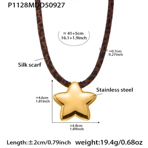 Detail showing dimensions of leopard print silk scarf necklace with star pendant