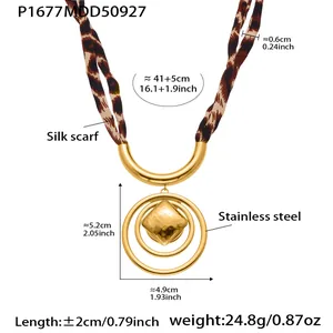 Detailed dimensions of leopard print silk scarf necklace with gold stainless steel pendant