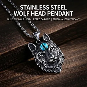 Collier Pendentif Tête de Loup en Acier Inoxydable Vintage Avec Yeux en Strass Bleus Bijoux Animaux Punk Gothique Homme Cadeau